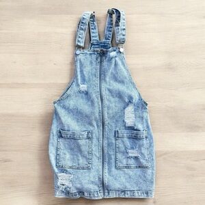 Tinsel Town Zip Front Distressed Denim Overall Dress Small